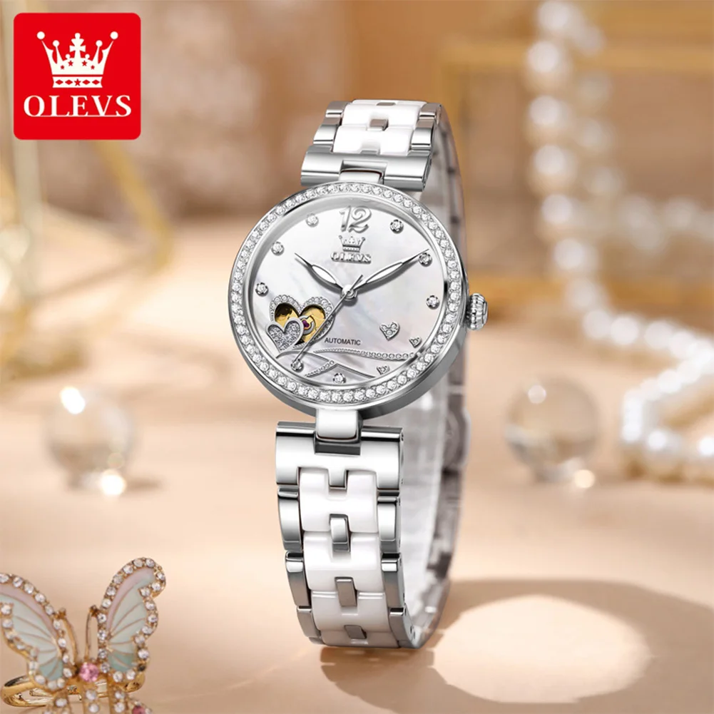 OLEVS 7086 Automatic Women's Watches Hollow Love Heart Desigan Elegant Luxury Ceramics Strap Diamond Bezel Mechancial Wrsitwatch