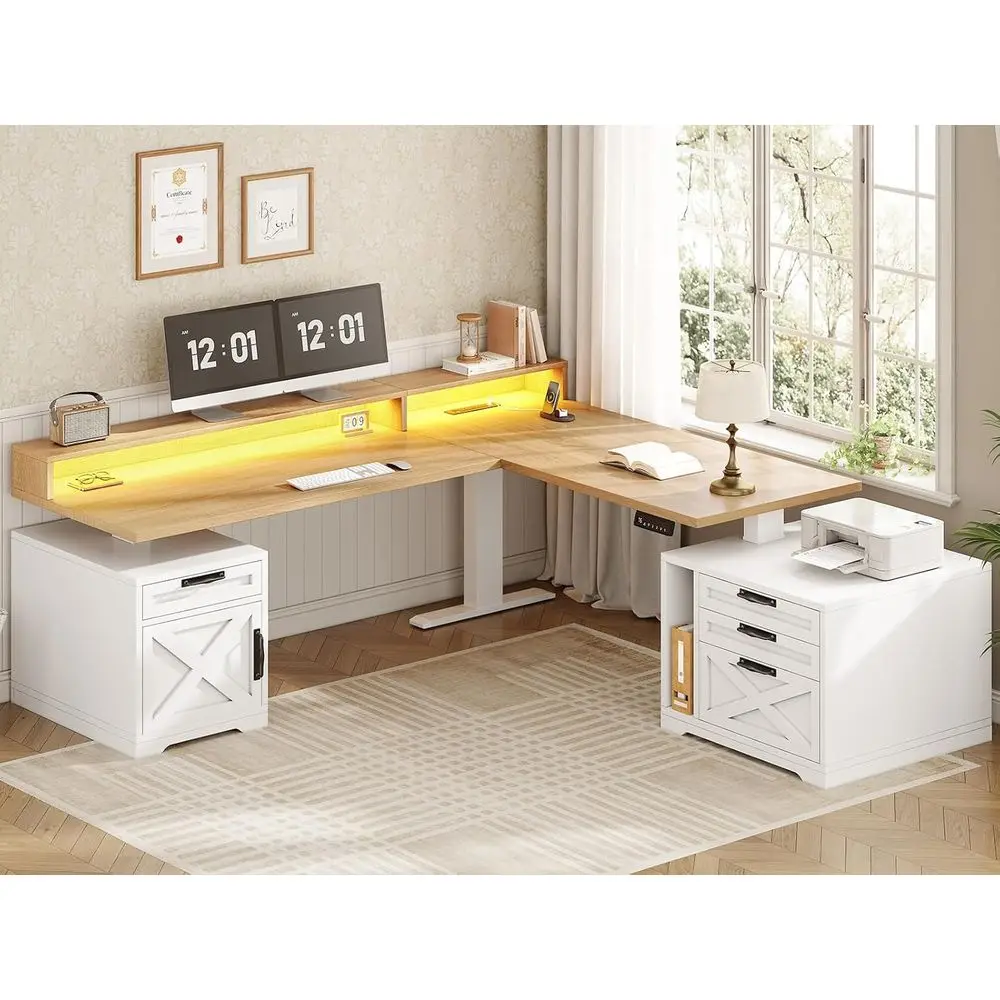 

L-Shaped Adjustable Standing Desk, 71x73, Home Office Executive Desk with Drawers, Power Outlet, Monitor Stand, LED Lights, Oak
