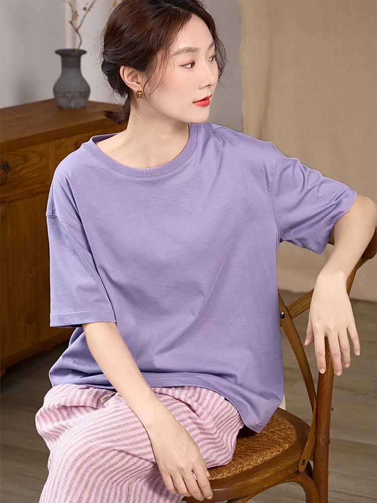 

Loose Fit Cotton T-irt Women's round Ne ort Sve Summer Cool Feeling Casual Pure Color Top Comfortable Breathable