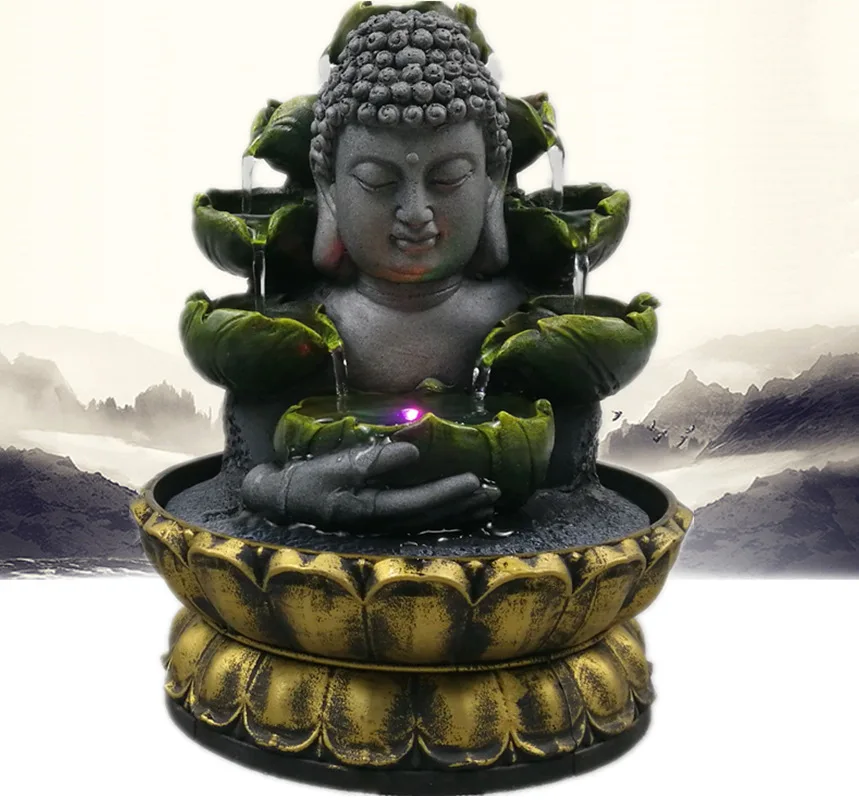 Home Decorations Resin Flowing Water Waterfall Led Fountain Buddha Statue Lucky Feng Shui Ornaments Landscape Decor - view 2