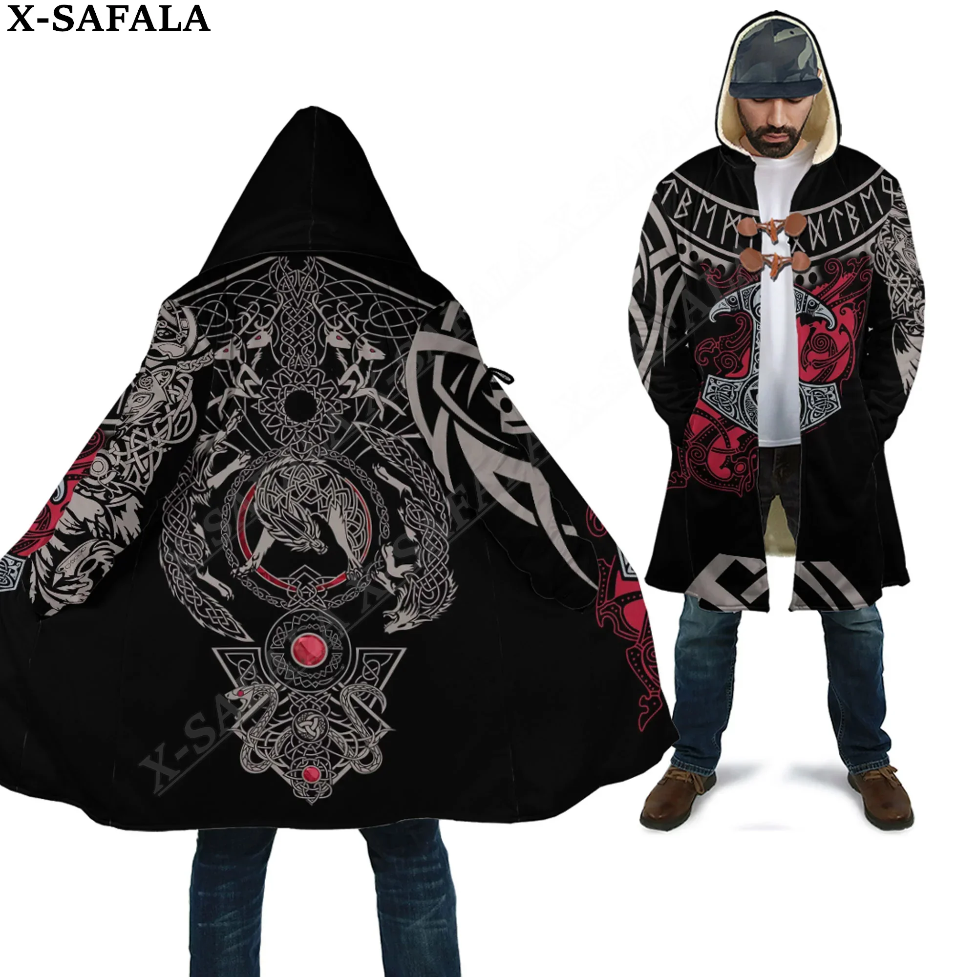 

Tattoo Symbol Viking Odin Dragon Wolf Bear Raven Overcoat Coat 3D Print Thick Warm Hooded Cloak Men Windproof Fleece Unisex-7