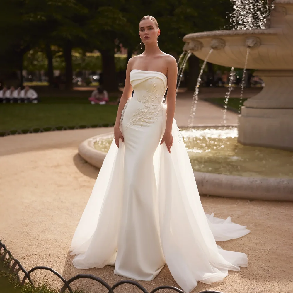 

MANRUIXIN Mermaid Wedding Dress Detachable Train Strapless 3D Flowers Appliques Customized 2 in 1 Bridal Dress for Brides