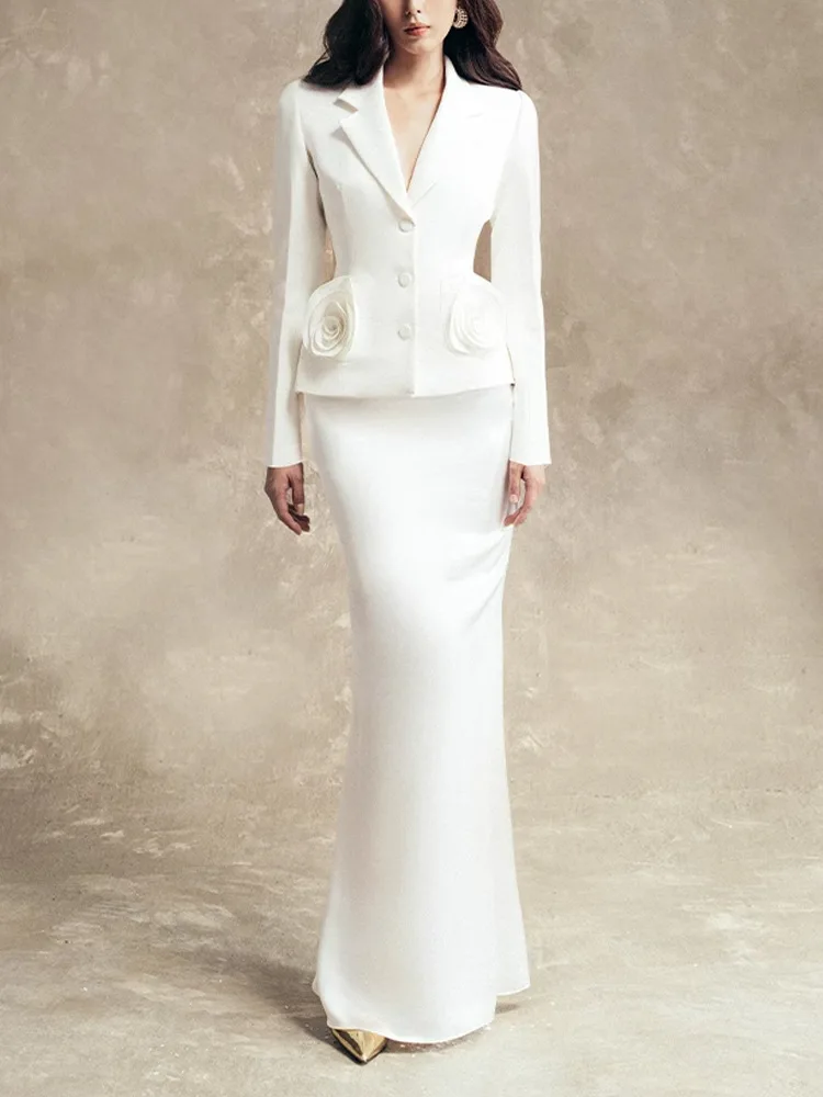 

Белый женский костюм-двойка Ele: модный комплект для офиса 2025 года, новый стиль, топ и юбка/брюки, из полиэстера, с длинным рукавом