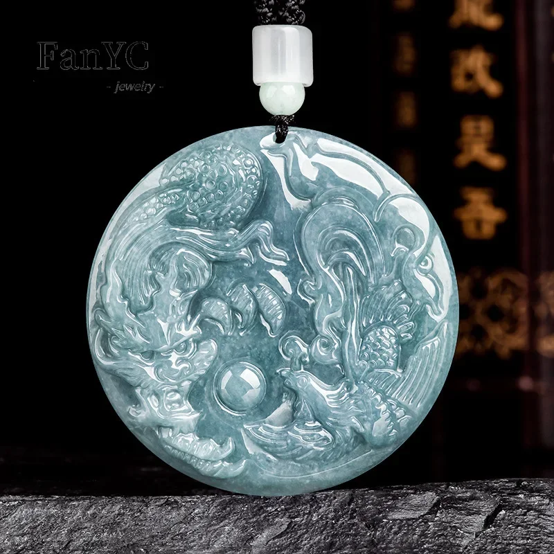 Natural A-goods Jadeite Blue Water Dragon and Phoenix Pendant Exquisite Fashion Simple Men and Women Couples Necklace Gift