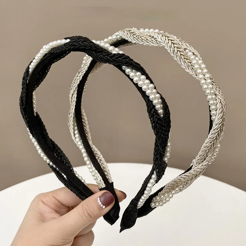 French Pearl Braided Bezel Hair Band Elegant Women\'s Pure Color Pleated Headband Fashionable Girl\'s Hair Hoop Hair Accessories