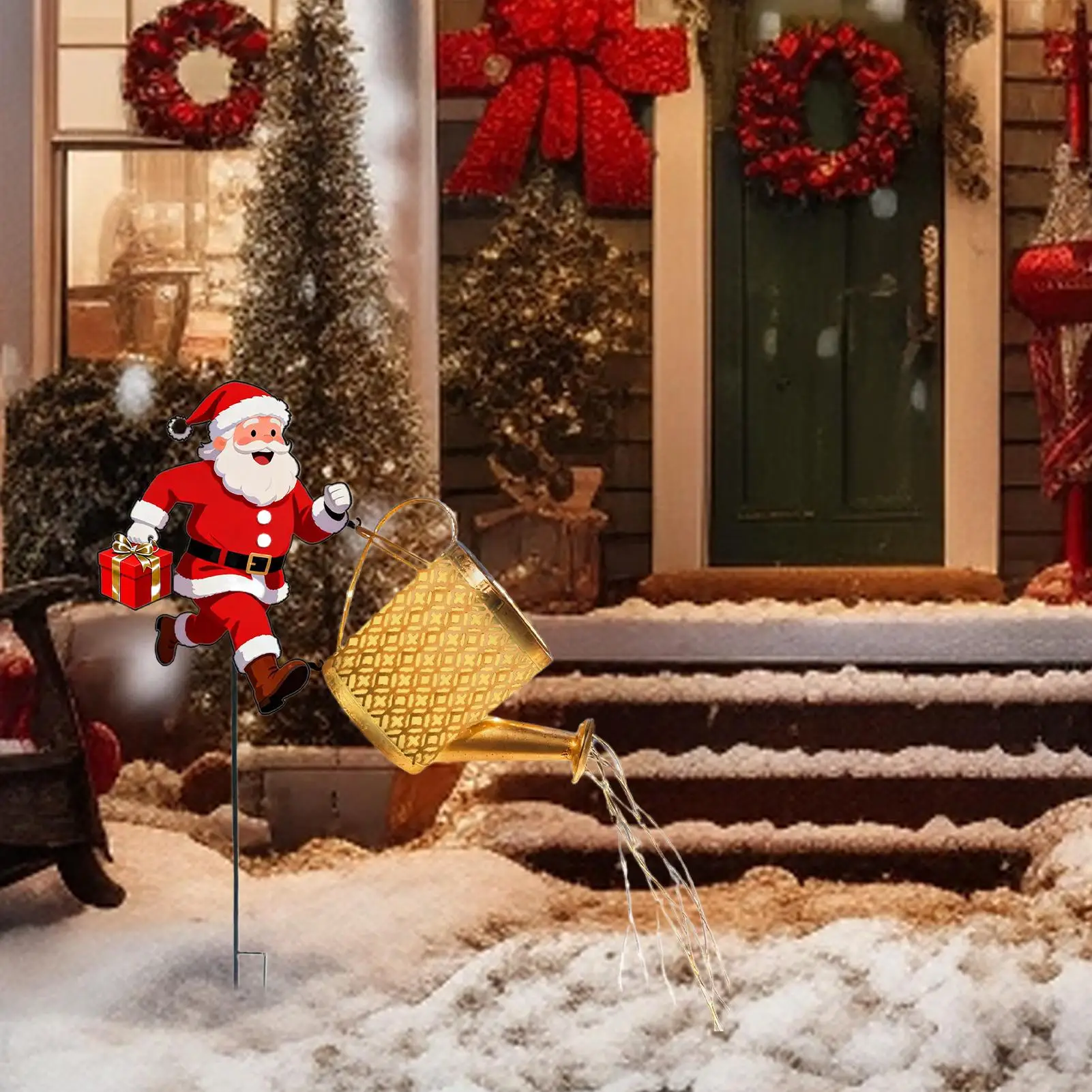 Solar Watering Can Lights Santa Claus Kettle Lantern Waterproof Decoration Solar-Powered Christmas Ground Lamp for Garden Yard