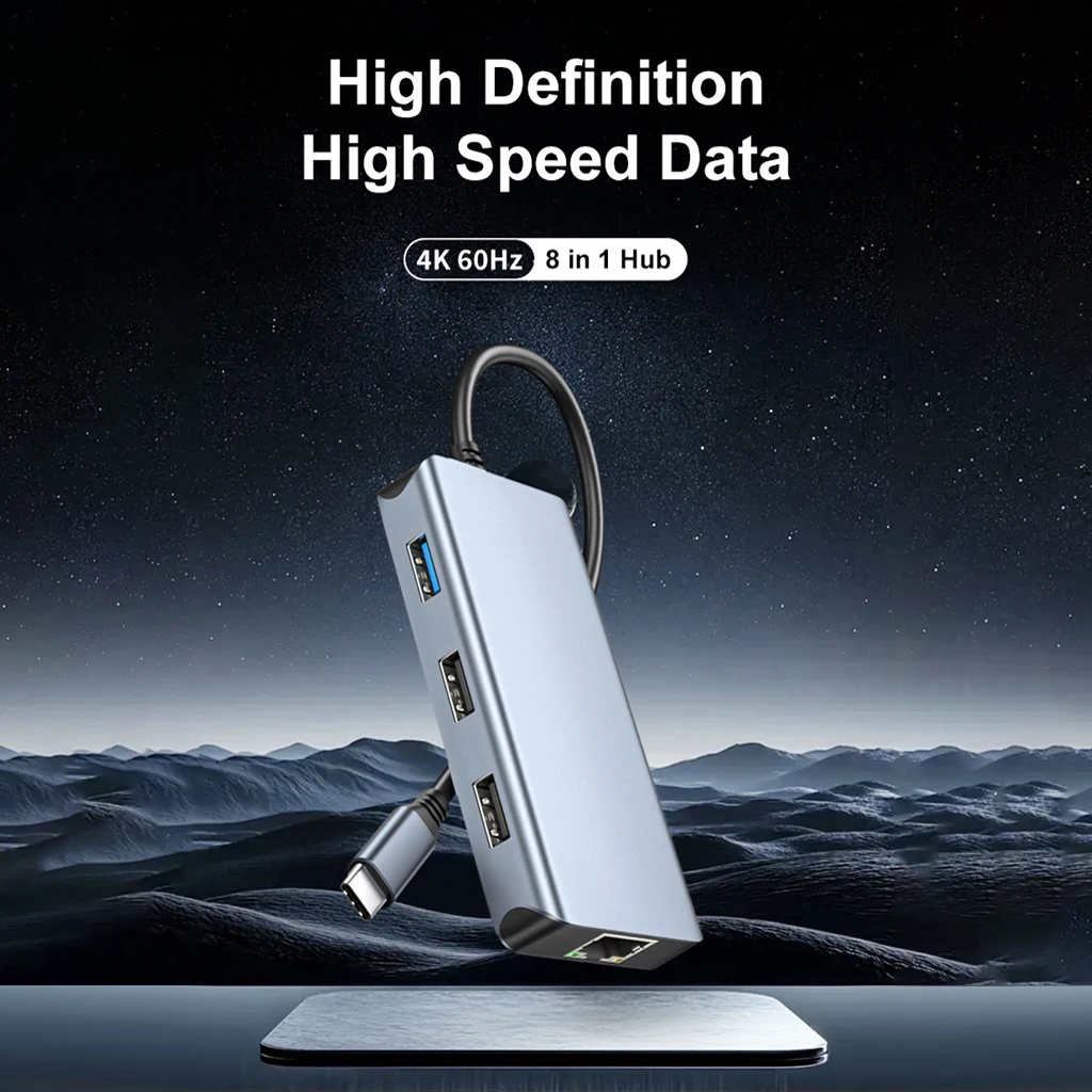 8‑in‑1 USB‑C Docking Station USB Hub 4K@60Hz PD 100W USB3.0 USB2.0 SD TF RJ45 Ethernet Multiport Type‑C Adapter For Laptop Phone