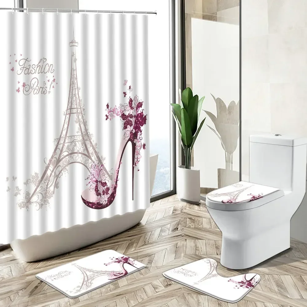 High Heels Girl Bathroom Shower Curtain Romantic Flower Tower Creative Design Home Decor Non-Slip Rug Toilet Cover Bath Mat Set