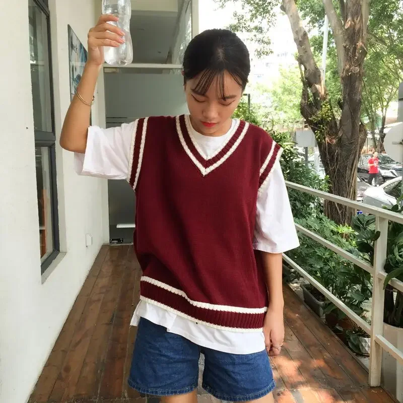 2023 Spring Autumn Women Oversized Sleeveless Vest Korean Knit Striped V Neck Sweater Casual Loose Female Girl Pullover White