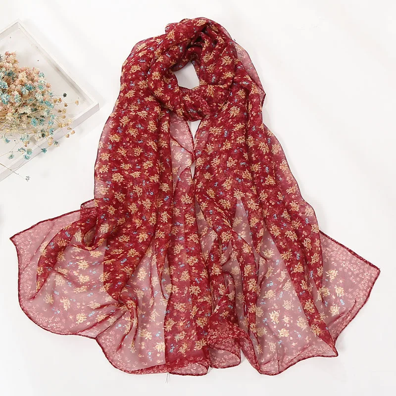 Summer Beach Sun Protection Chiffon Georgette Scarf Small Flower Women Foulard Shawl Bandana Elegant Thin Breathable