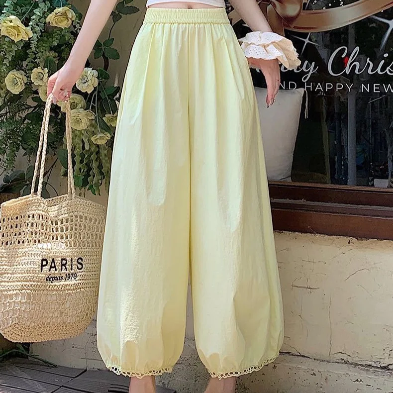 Out calças casuais femininas verão solto multiuso calças de perna larga secagem rápida plissado manguito nove minutos lanterna calças