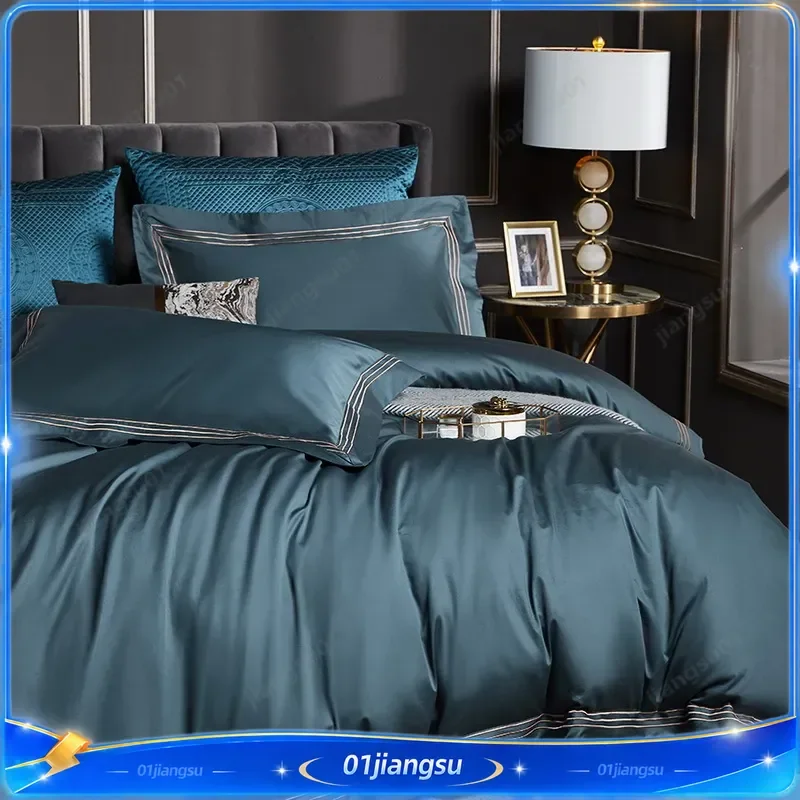 Luxury 120S Long Staple Cotton Bedding Set 4 Piece Solid Color Soft Skin Friendly Duvet Cover Sheet Pillowcase Hotel Quality