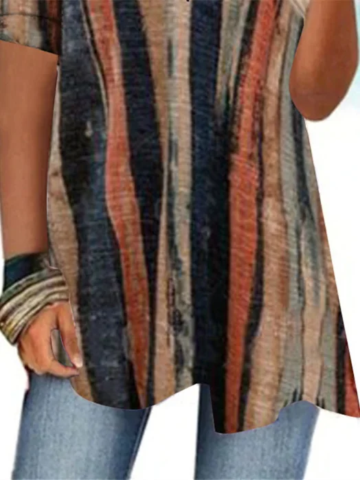 Plus Size Women Short Sleeve V-neck Striped Printed Buttons Top