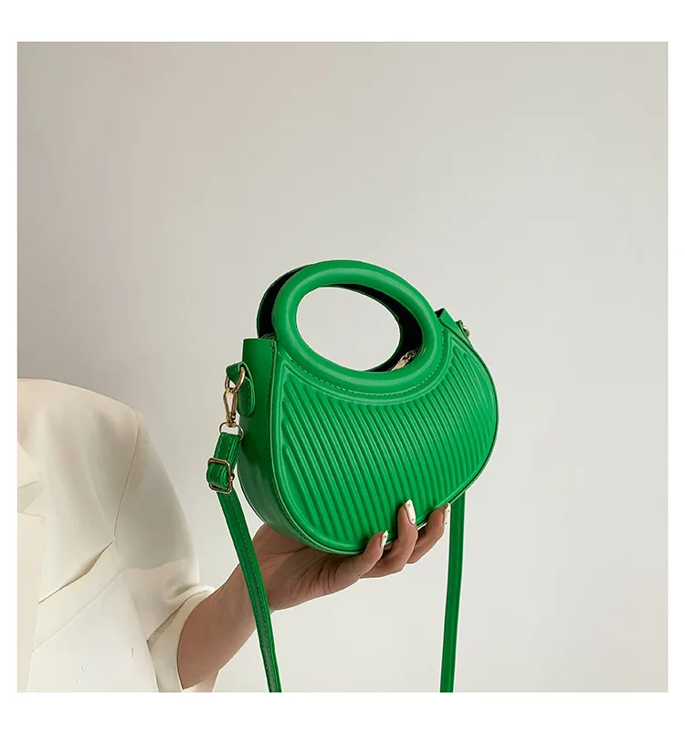 Half Moon Small Shoulder Bag For Women 2023 New Fashion Green Handbags Pleated Design PU Leather Crossbody Round Hand Bags Girls