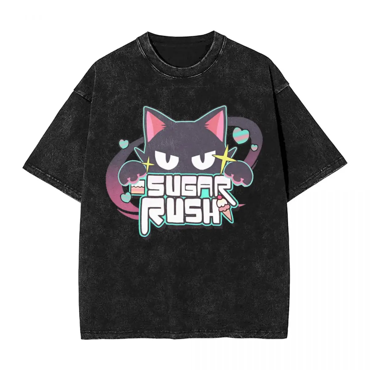 Washed T Shirt Sugar Rush Archives Hip Hop Vintage T-Shirt Street Anime Streetwear Cotton Graphic Tops Tee Shirt Men Women