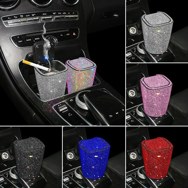 6 Colors Gift Box Packing Car Ashtray Rhinestones Portable Light Crystal Diamond Led Car Ash Tray Ashtray Storage Holder