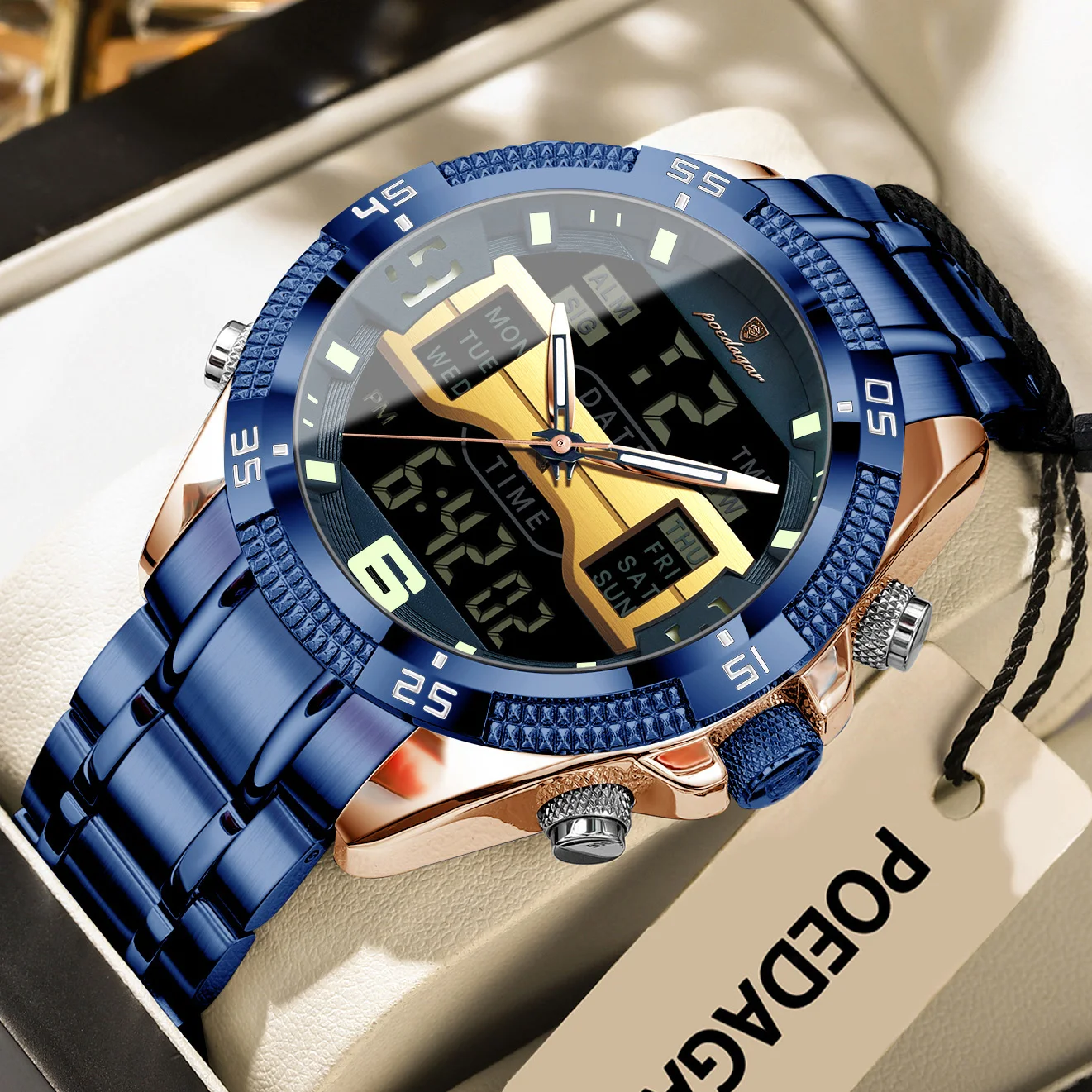 POEDAGAR Luxury Man Watch Waterproof LED Week Date Stainless Steel Quartz Watch Sports Digital Electronic Fashion Men's Watches