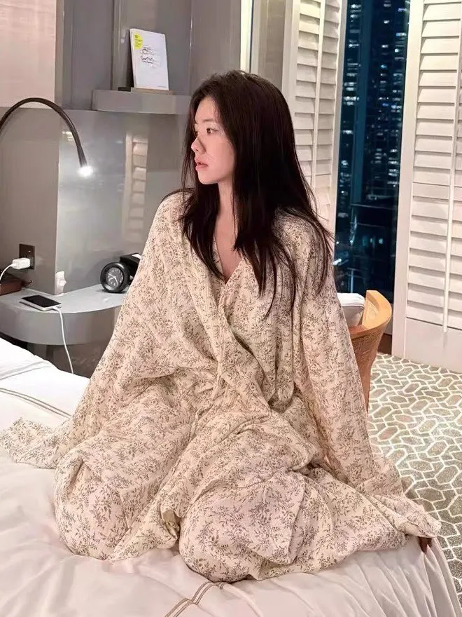 Laid-back Home 26 Spring Summer New Korean Artistic Coffee Loose Tie Thin Sleepwear Set plus Size Trendy V-neck Long Sleeve