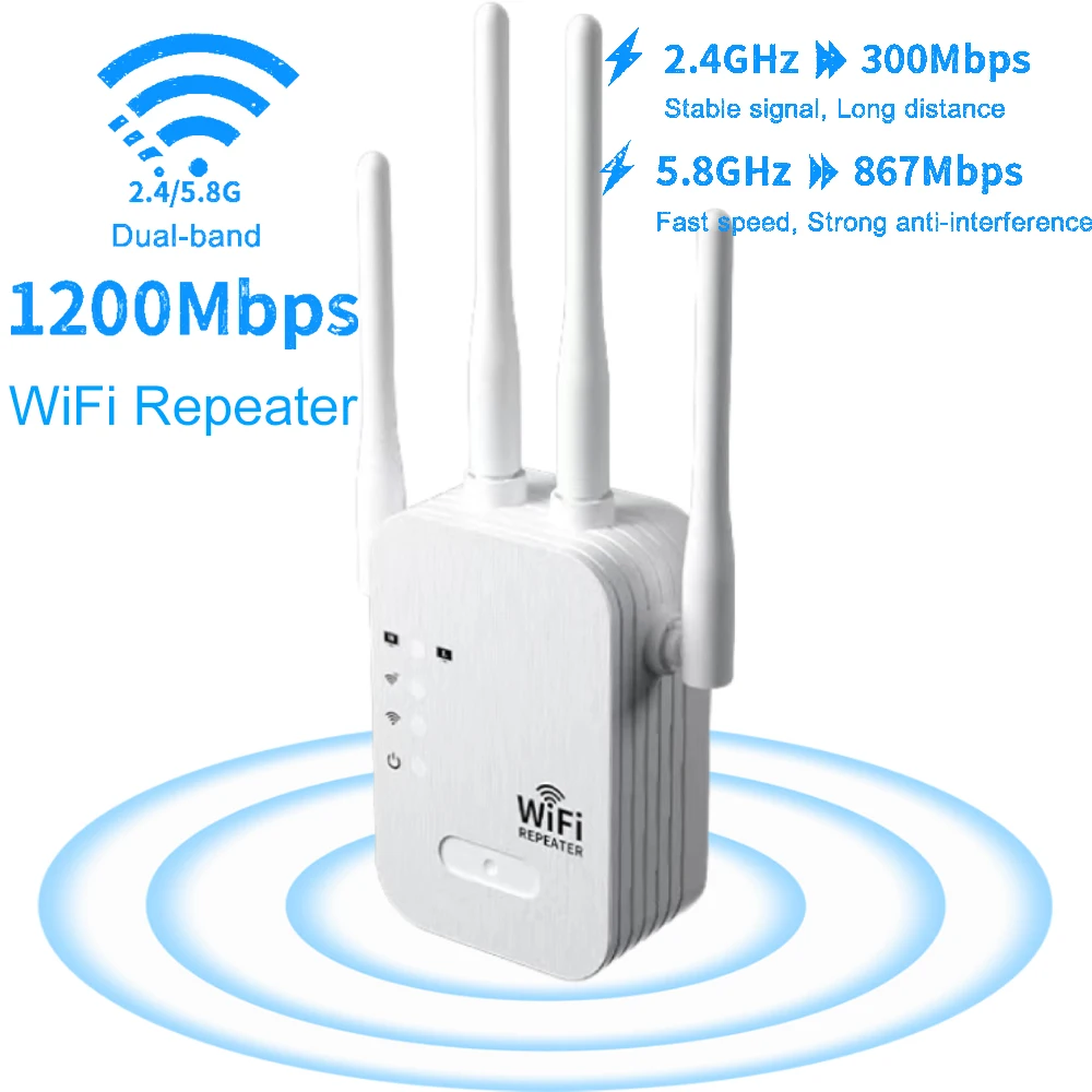 1200Mbps Wireless WiFi Repeater WiFi Signal Booster Dual-Band 2.4G 5G WiFi Extender Long Range Signal Gigabit WiFi Amplifier