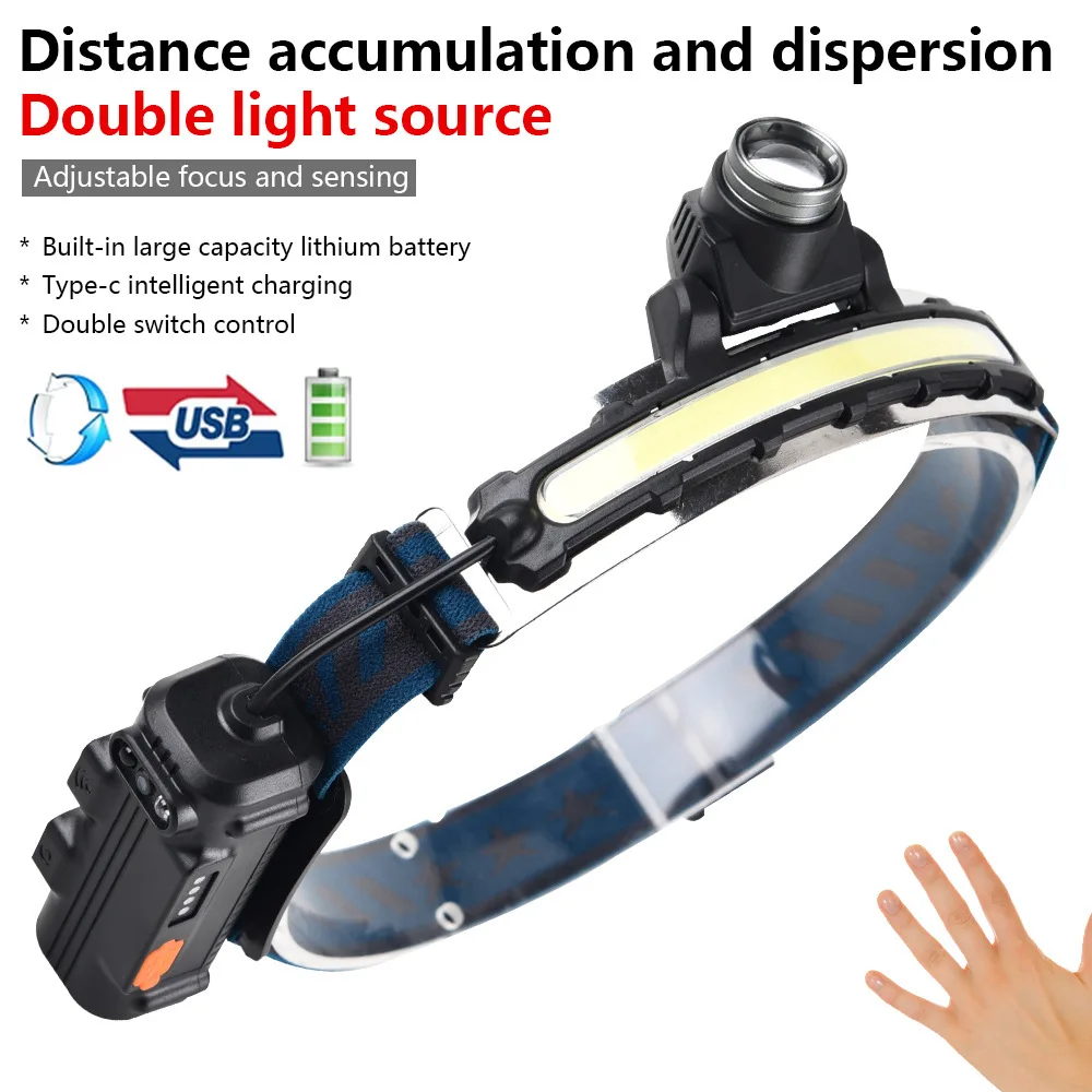 Camping Headlight Wave Sensing COB Headlight Outdoor Cycling Light USB Charging Night Running Light LED Headlight