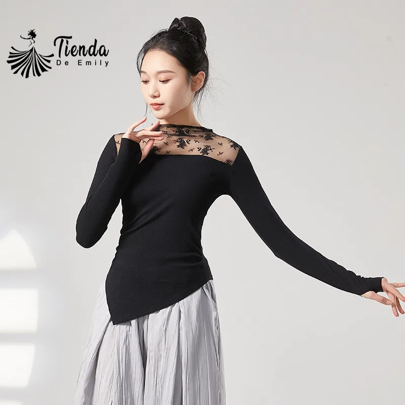 Dancewear Women Tops Thumb Finger Long Sleeve Viscose Shirt Sexy Lace Collar Irregular Hemline Dancer Practice Traning  Top New