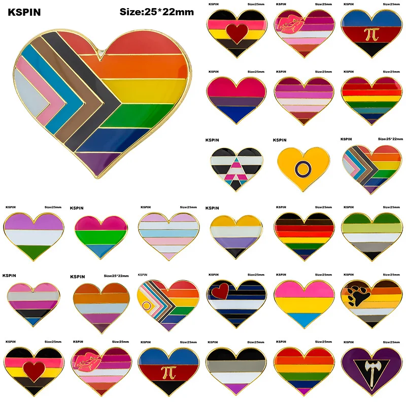 10pcs a Lot Rainbow Pride Heart Shaped  Badge Symbol Pin Metal Badges Decorative Brooch Pins for Clothes Brooch Jewelry