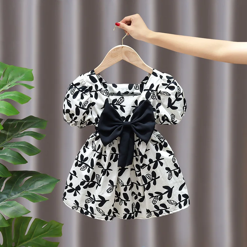 2026 Summer Kids Girls Solid Color Puff Sleeve Bow Backless Princess Dress Fashion Cute Children Dress for 80-130cm