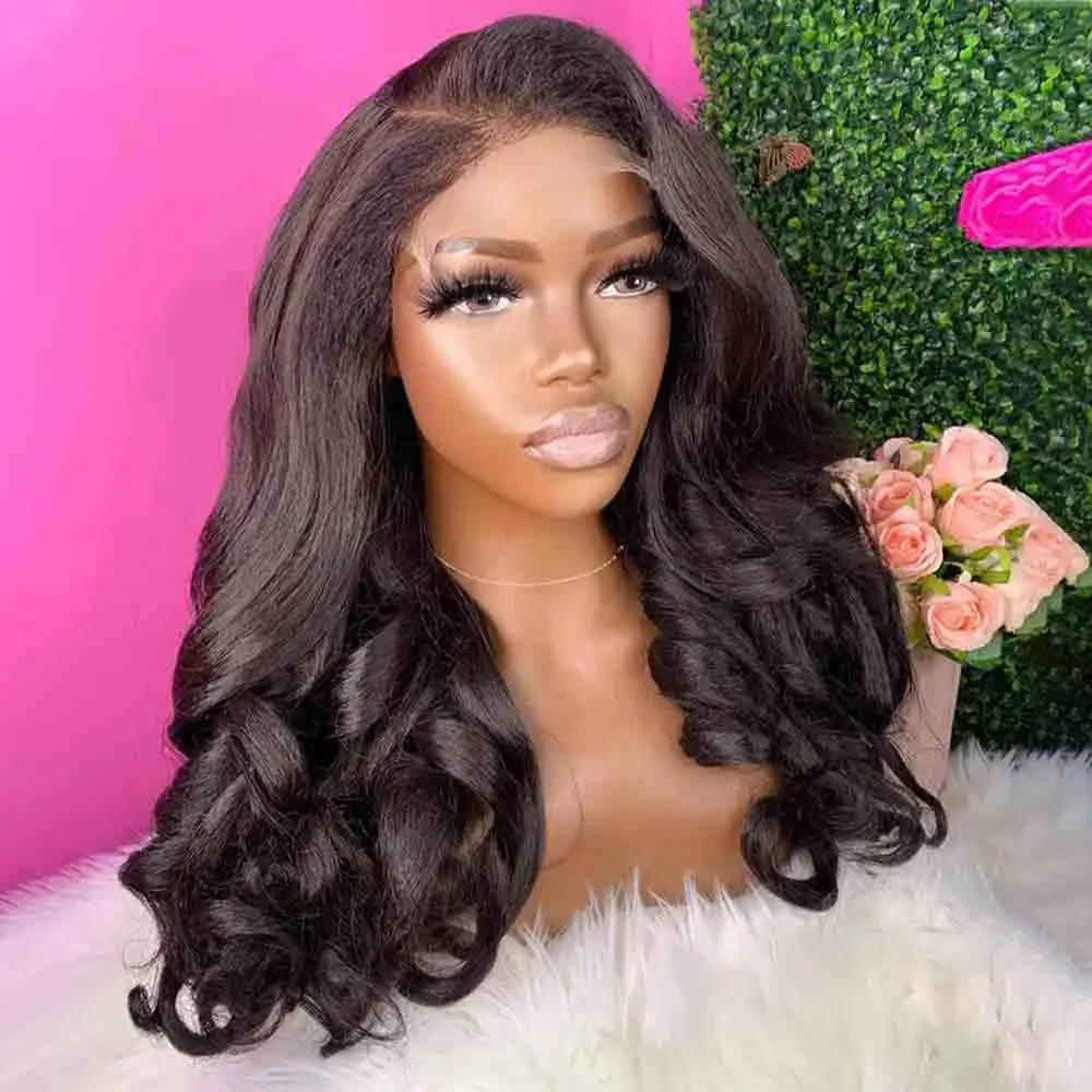 26 дюймов Длинный Яки Мягкий Натуральный Черный Кудрявый Прямая Волна 180 Плотность 13x4 Парик Фронта Шнурка Для Женщин С Волосами Младенца Предварительно Сорванные Бесклеевые