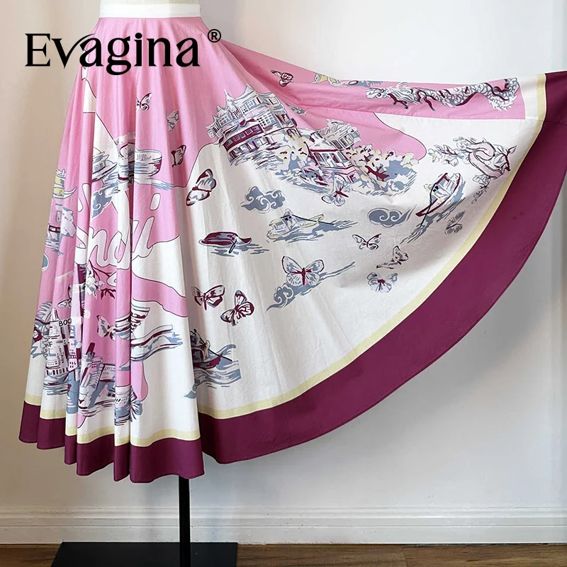 

Evagina Spring and Autumn Style Pink Butterfly pattern printing Travel Outdoors High waisted non elastic side zipper Long skirt