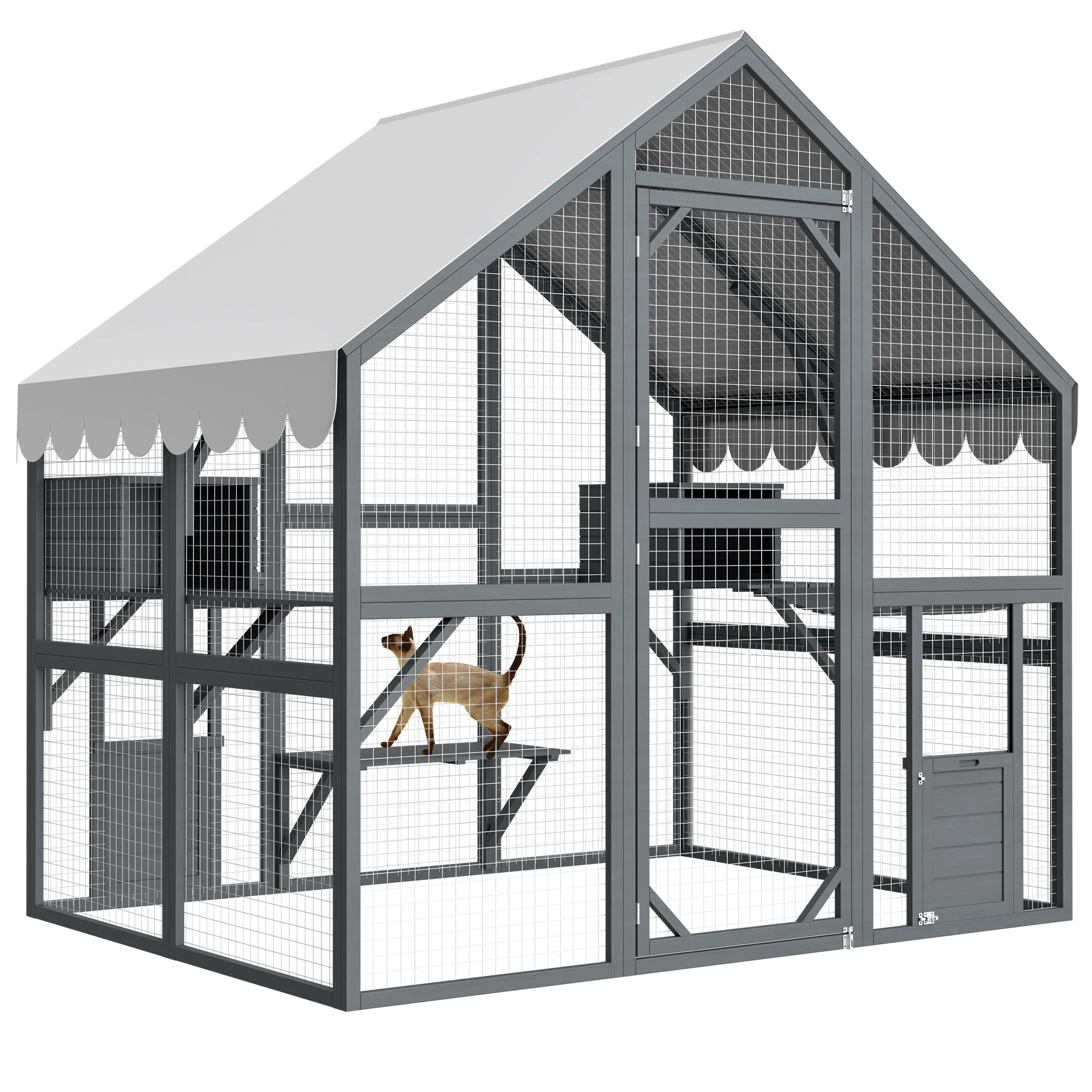 

Большой уличный кошачий домик, роскошный деревянный корпус для бега кошек 55 дюймов, прогулка в кошачьем кошачьем кондомини с кошачьими дверцами, крышка на крышу, серый