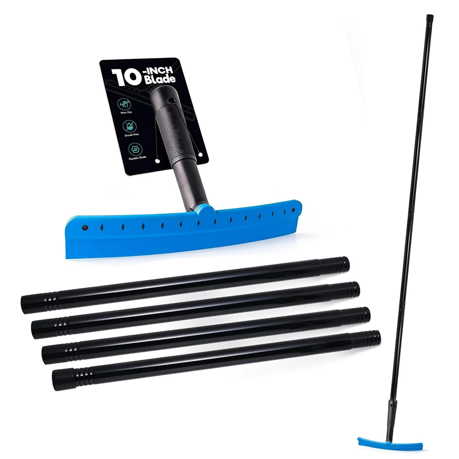 FOSHIO 10-Inch Blue Silicone Blade Window Clean Squeegee With Extendable Handle Household Glass Wiper Mirror Scraper No-Scratch