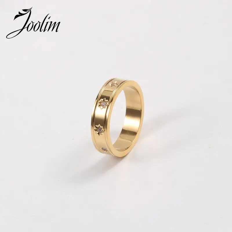 

Joolim Jewelry Wholesale High End PVD Tarnish Free Flash Star Zirconia Carving Pave Stainless Steel Ring for Women