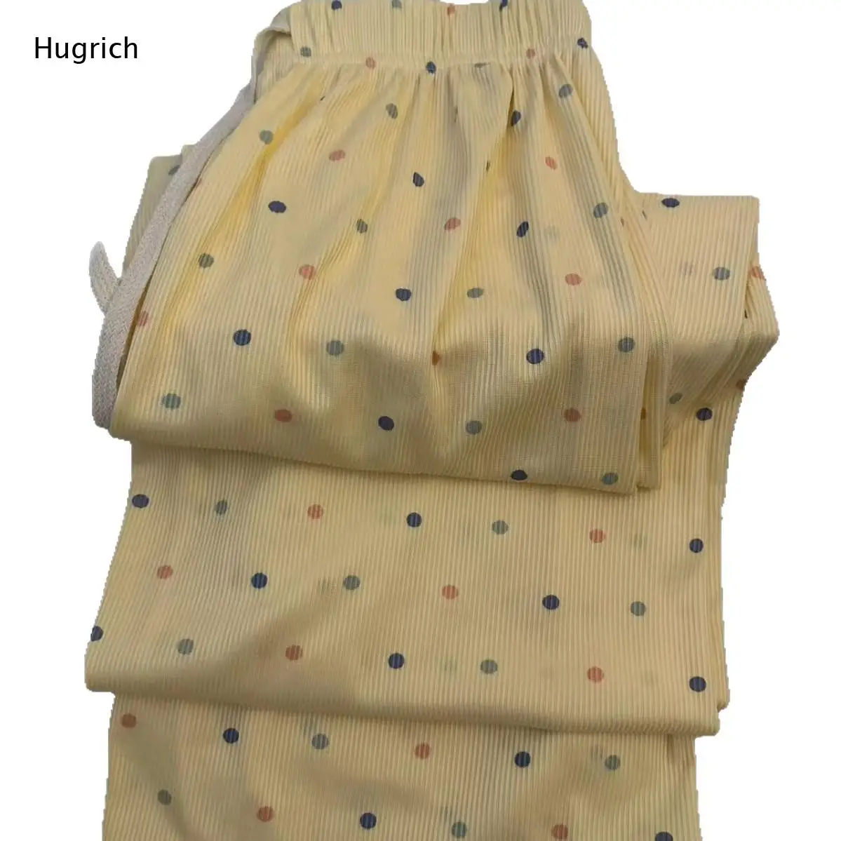 Light Yellow Multicolor Polka Dot Print Wide Leg Lounge Pants Elastic Waist Drawstring Casual Trousers for Home and Daily Wear