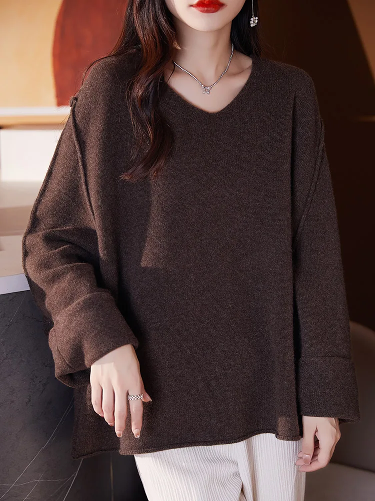 New 100% Merino Wool Woman Sweater Autumn Winter Loose Knitwear V-Neck Pullover Long Sleeve Clothing Top Female Oversize Jumper