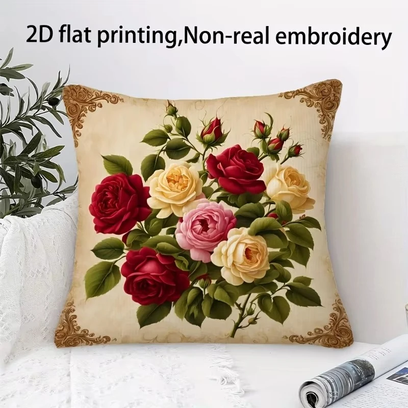 1pc Vintage Rose Floral Printed Throw Pillow Cover, Suitable for Sofa, Bedroom, Living Room,Easily Create an Elegant Atmosphere