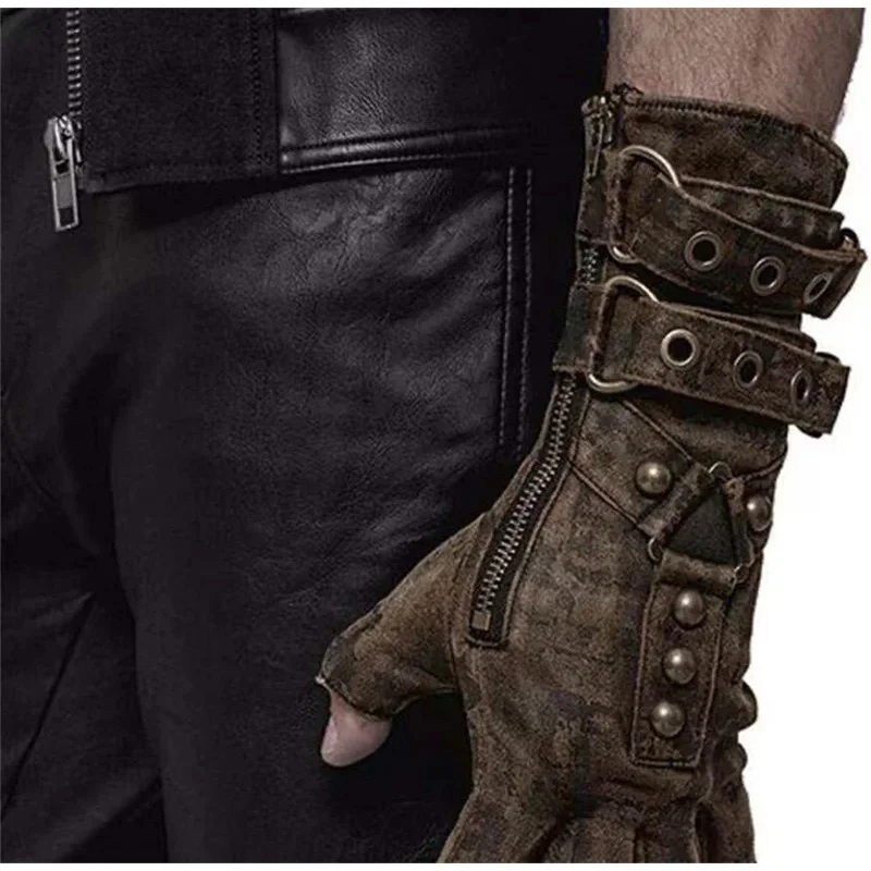 2021 Medieval Men Cosplay Retro Gloves Steampunk Men Arm Guard Rivet Gloves Belt Buckle Adjustable Halloween Accessories