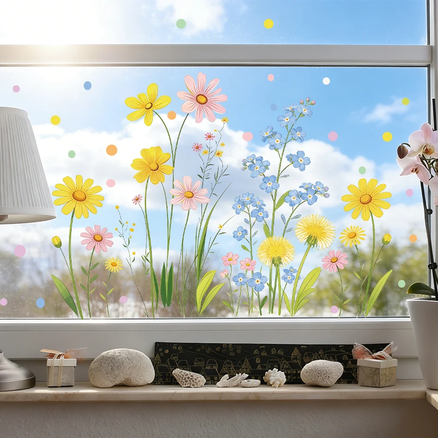 Statische Fensteraufkleber für Kinderzimmer, Sonnenblumen, Gänseblümchen, florale Wandaufkleber, wiederverwendbar, ohne Kleber, Fensteraufkleber für Schlafzimmer, Heimdekoration