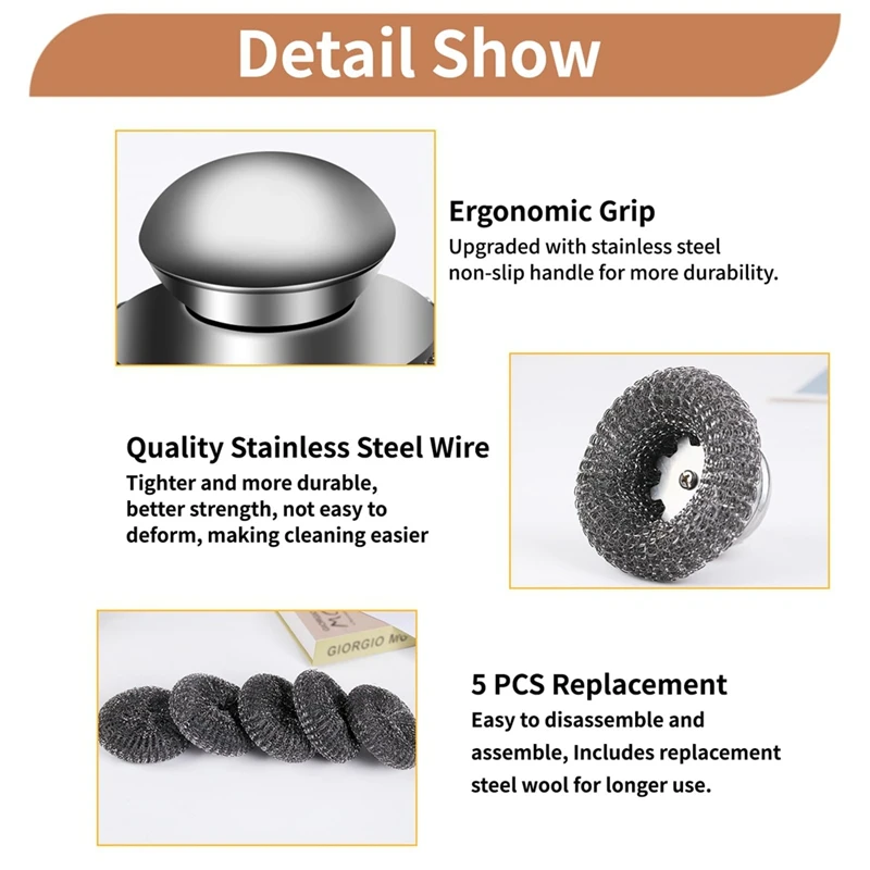 مجموعة أدوات تنظيف الصوف الفولاذية ABXF-6Pcs مع مقبض، من الفولاذ المقاوم للصدأ للمطبخ والشواية والمواقد - تتضمن جهاز تنظيف واحد و5 وسادات