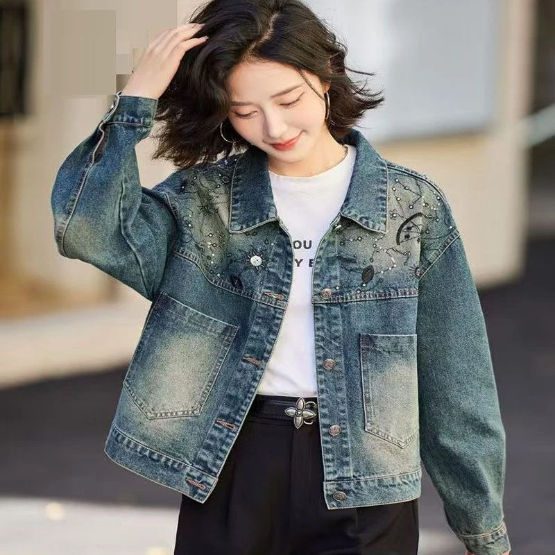 

Vintage Embroidered Denim Jacket for Women Short Retro Style Spring/Fall Fashion Korean Petite Size Rhinestone Jeans Coat