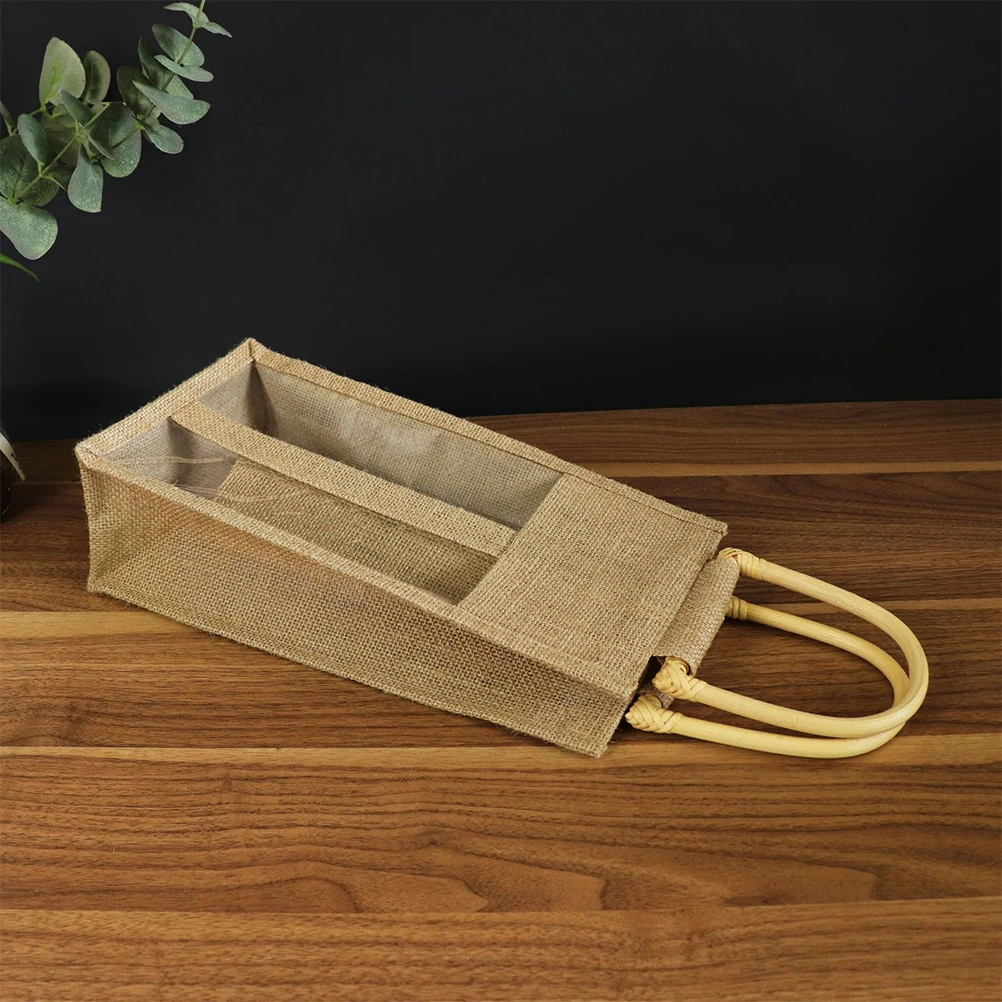 

Stylish Flax Handheld Bag With Clear Window Multi Function Portable Gift Packaging Bag For Bottle Bulk Package Supplies Burlap