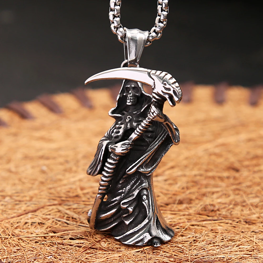 Men\'s Gothic Vintage Death Scythe Skull Pendant Necklace Punk Biker Stainless Steel Reaper Necklaces Amulet Jewelry Wholesale