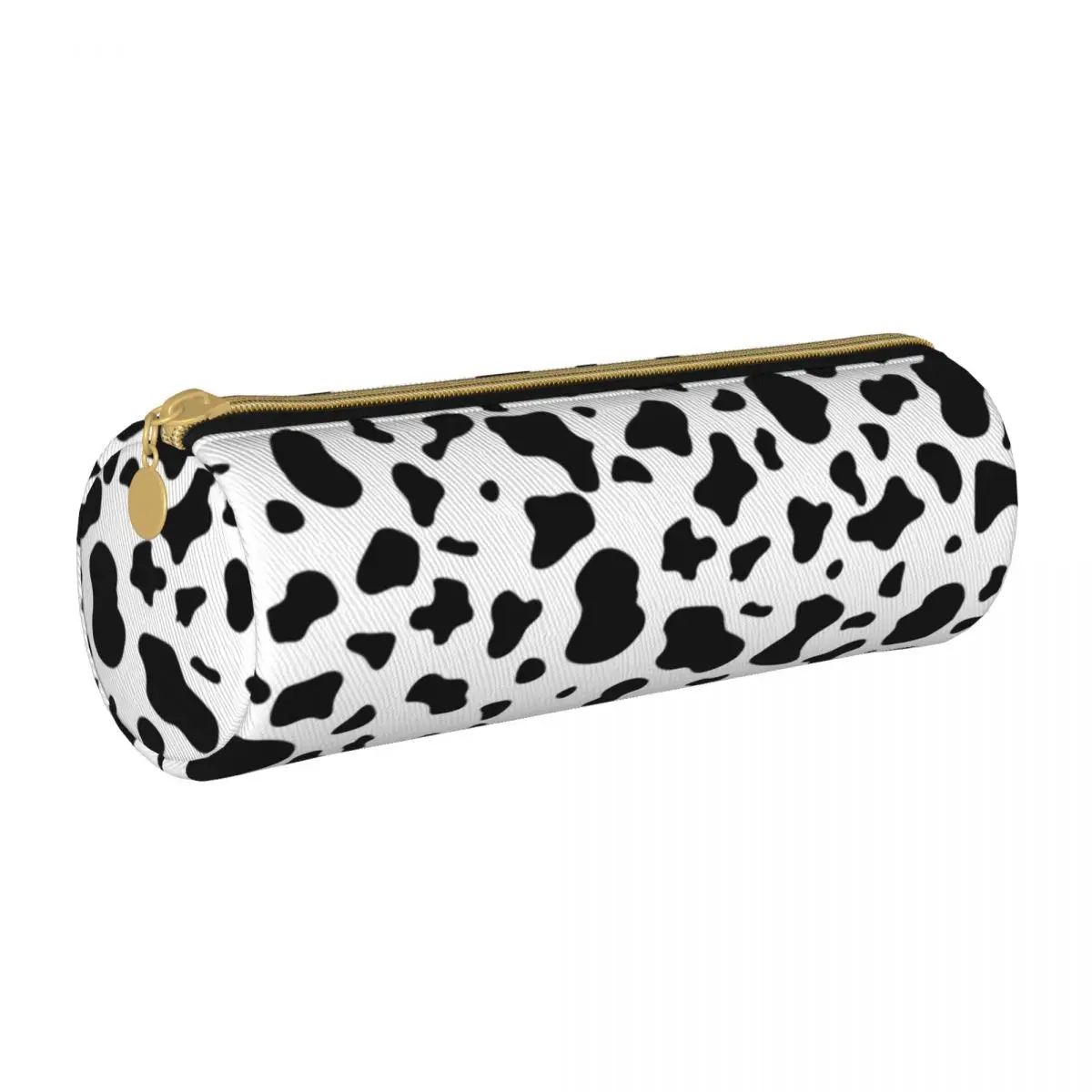 vaca impressao redonda lapis case na moda padrao pontos animal faculdade para crianca caixa de lapis de couro bonito ziper caneta bolsa preto branco 01