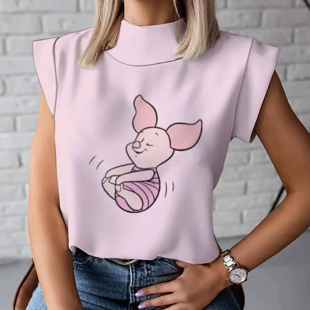 New Harajuku bottoming shirt casual and versatile cute Winnie the Pooh cartoon print summer women\'s high collar T-shirt vest