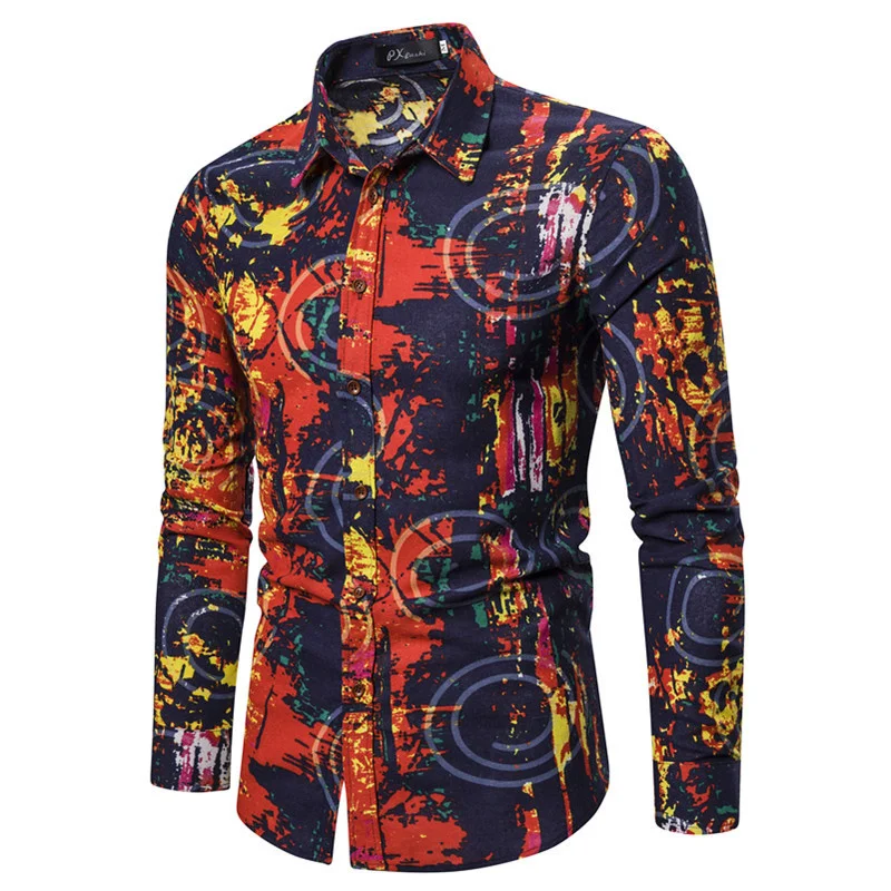 

New shirt youth national flower color printing men's leisure long sleeve fashion slim men's large shirt