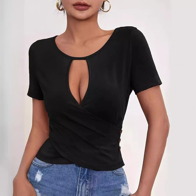 Summer Women's Sexy Hollow T-shirt Solid Color Round Neck Slim Short Sleeve Tee Fashion Trend Street Party T Shirt Top