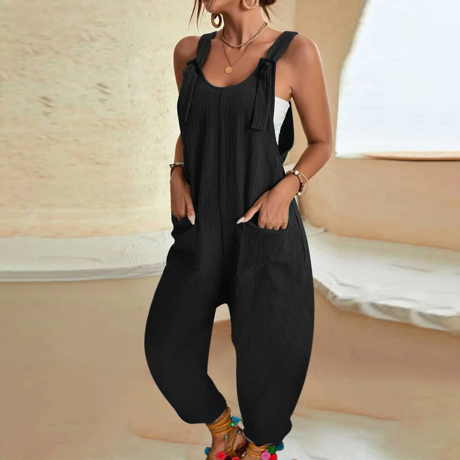 Casual U Hals Mouwloze Jumpsuits Vrouwen Rugloze Tuinbroek Effen Kleur Mouwloze Jumpsuits Over Het Gehele Slabbetje Geknoopte Tuinbroek