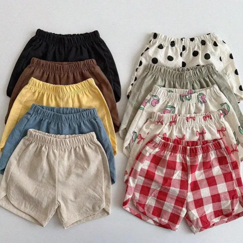 2026 Summer New Baby Shorts Cute Cartoon Print Boys Casual Shorts Cotton Toddler Girls Loose Plaid Shorts Infant Clothes