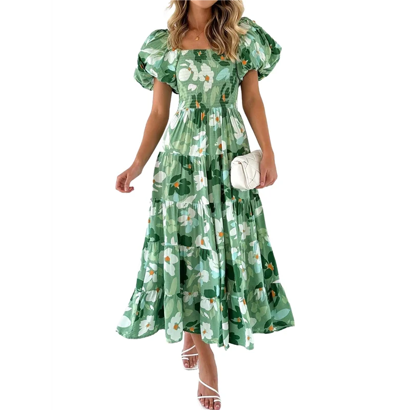 Women's Summer Casual Midi Dress Puffy Short Sleeve Square Neck Smocked Tiered Ruffle Dresses