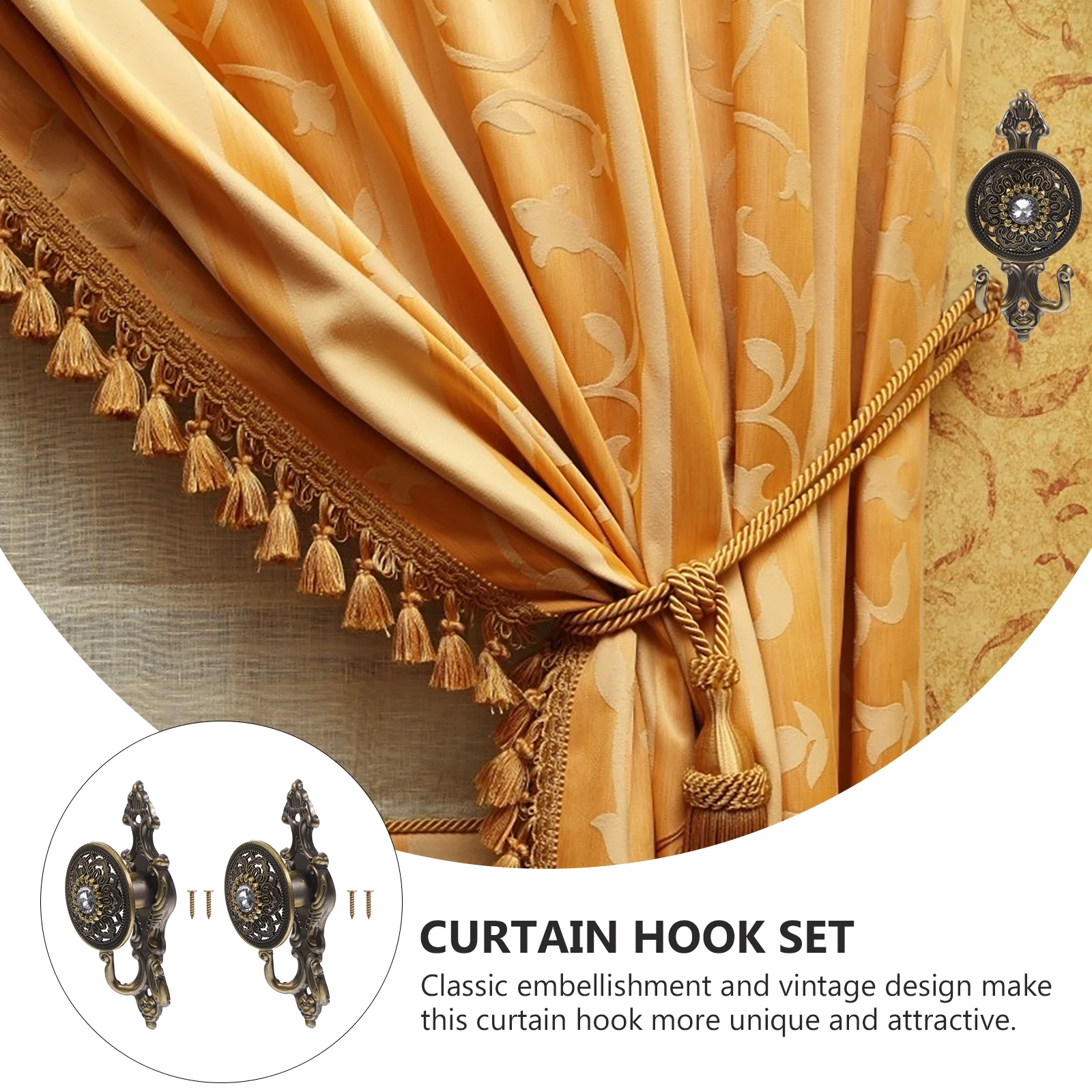 

2Pcs Water Drill Curtain Hooks Decorative Alloy Pothooks Vintage Design for Shower Door Window Curtains Multipurpose Curtain