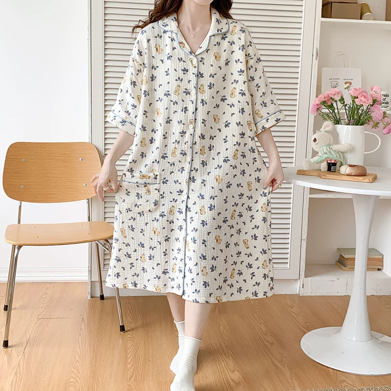 100% Cotton Double Gauze Nursing Nightdress for Maternity Summer Soft Thin Floral Printed Sleepwear Pregnancy Home Hospital Wear